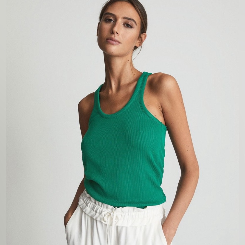 REISS Green Ribbed Racerback Tank Top - Picture 2 of 14